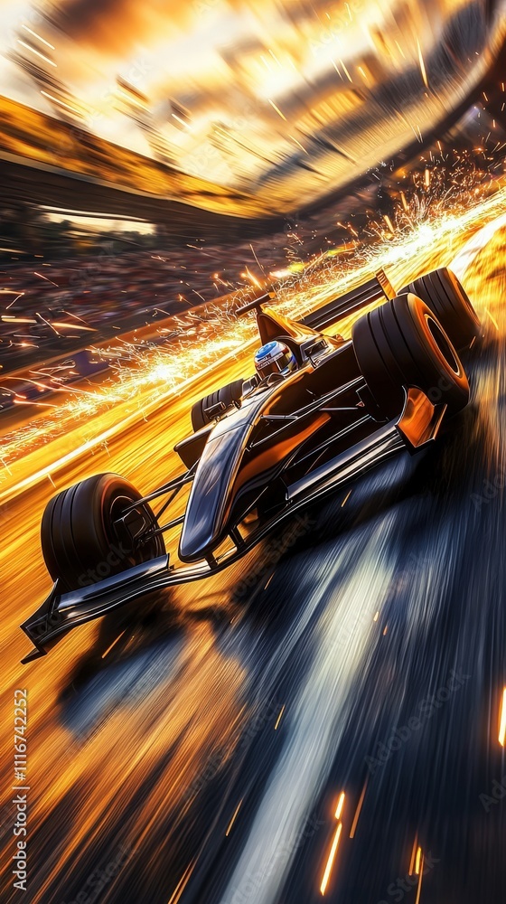 A powerful race car is seen drifting at high speed on a vibrant track as the sun sets, creating a dramatic visual with sparks flying. The atmosphere is electric and intense, showcasing speed.