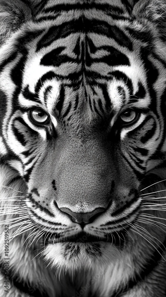 A powerful tiger gazes directly at the viewer with piercing eyes and striking black and white stripes. The detailed textures of its fur highlight the animals strength and wild beauty.