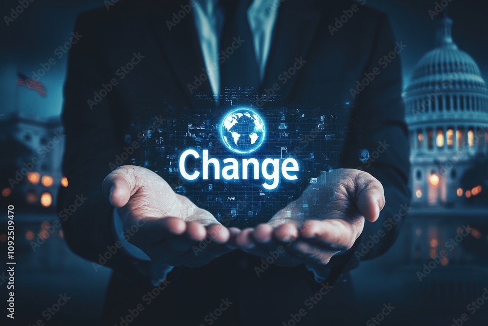 A professional individual stands with outstretched hands, showcasing a glowing globe and the word change. The backdrop features a prominent government building, signifying transformation and progress.