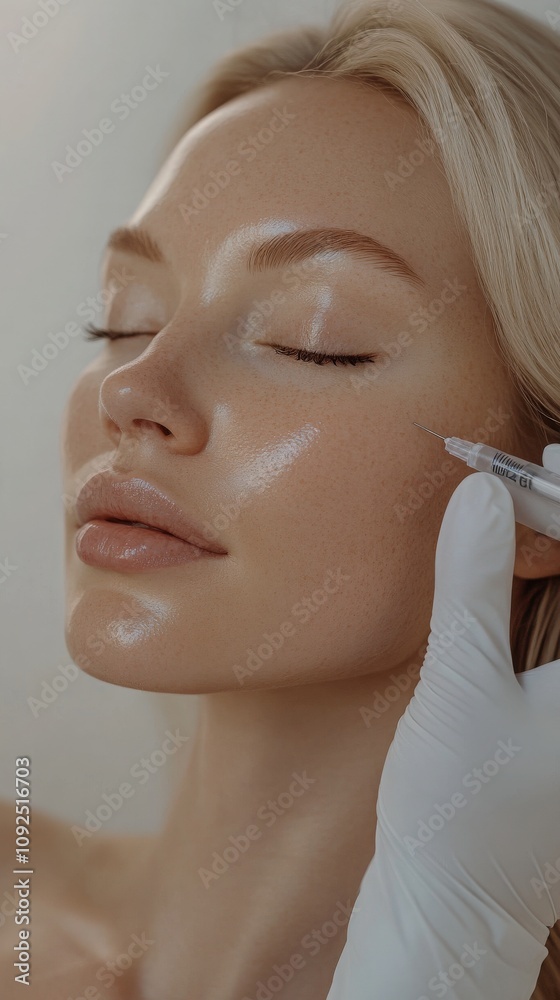 A professional performs a dermal filler injection on a patient in a sterile clinic environment. The patient appears relaxed and comfortable, with their eyes closed, focusing on the treatment.