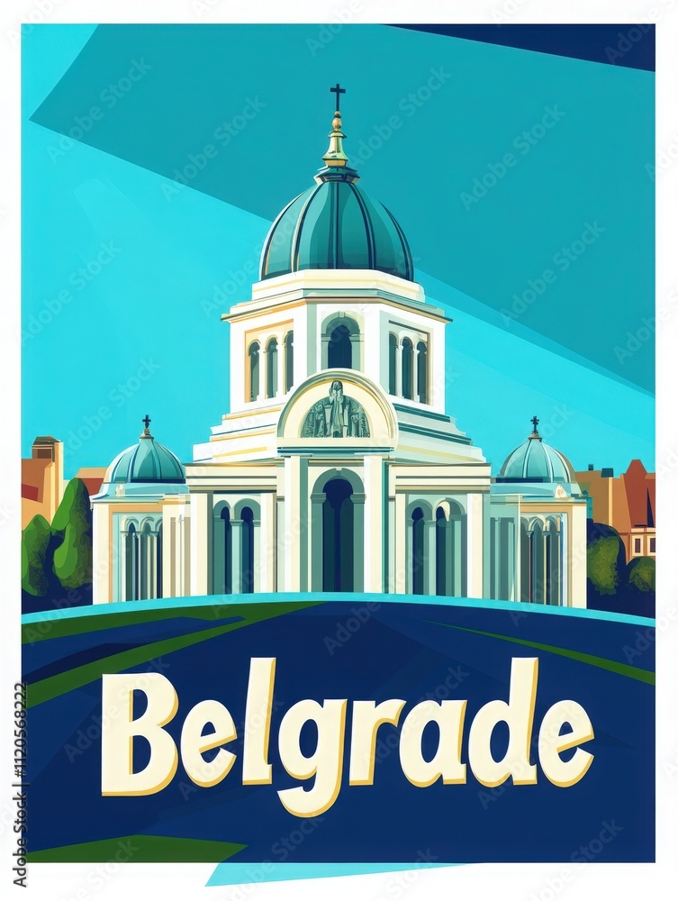 A prominent church in Belgrade showcases its elegant domes against a vibrant blue background. Surrounding greenery adds to the charm of this architectural gem.