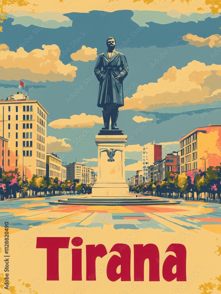 A prominent statue of a historical figure rises in Tiranas vibrant city center. The colorful surroundings and clear blue sky create a welcoming atmosphere for visitors exploring the area.