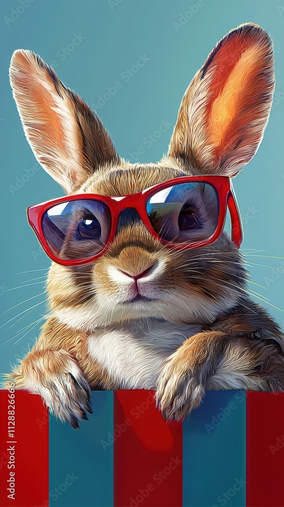 A rabbit with large ears and stylish red sunglasses leans on a vertical striped surface. Its playful expression adds a whimsical touch to the vibrant setting, perfect for any animal lover.