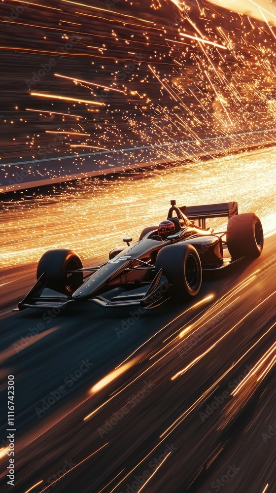 A race car accelerates on a track at night, generating vivid sparks as it maneuvers through a turn. The scene captures the thrill of high-speed motorsport under dynamic lights.