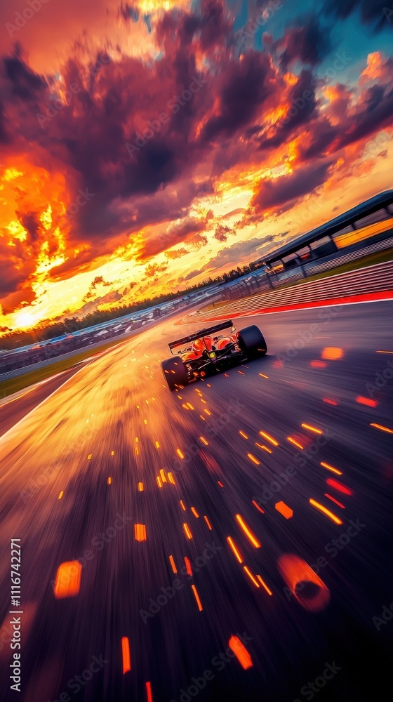 A race car drives swiftly along a wet track, creating a spray of water. The dramatic colors of a sunset illuminate the sky, enhancing the thrill of the motorsport event at a racetrack.