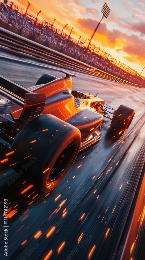 A racing car speeds along a circuit during sunset, leaving a trail of sparks behind. The vibrant sky contrasts with the sleek vehicle, creating an exciting atmosphere for motorsport.