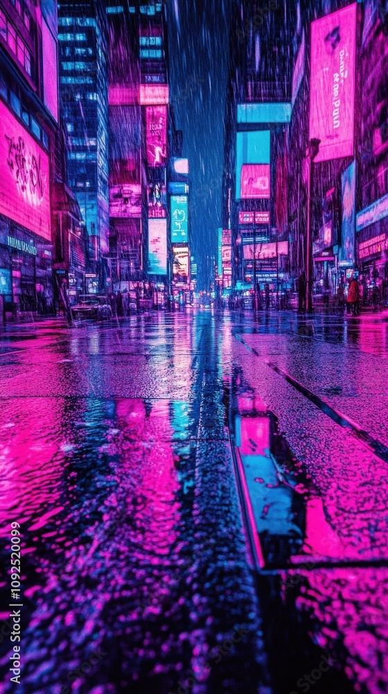 A rainy night brings vibrant neon lights to life as they reflect off wet pavement in a busy urban center. The scene captures the energy and colors of the city during a downpour.