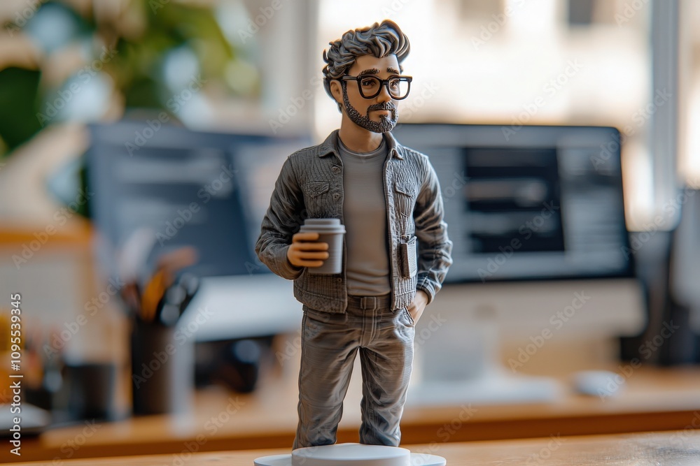 A realistic figurine representing a fashionable man with glasses and tousled hair holds a coffee cup, standing on a desk amidst a contemporary office environment filled with computers.