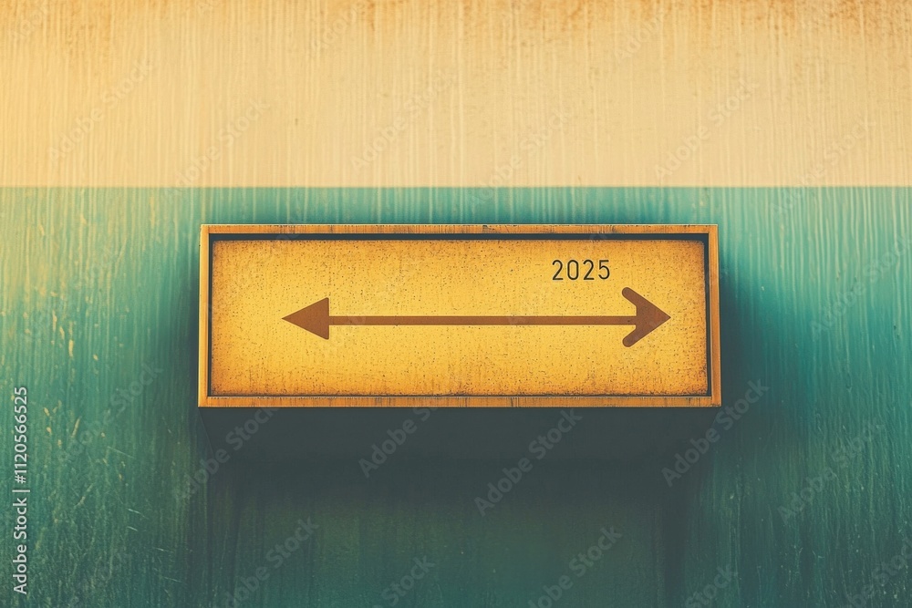 A rectangular sign displaying the year 2025 is centered between two arrows, one pointing left and the other pointing right. The background features a textured gradient in muted colors.