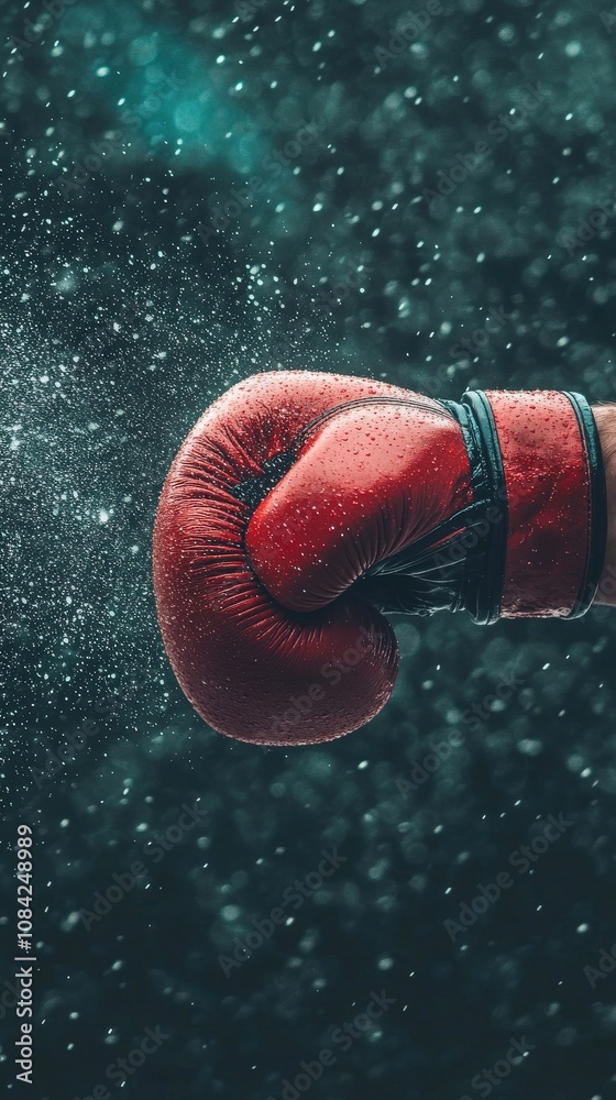 A red boxing glove strikes forward with strength, sending droplets of water into the air. The textured surface enhances the intensity of the movement, capturing the energy of the moment.