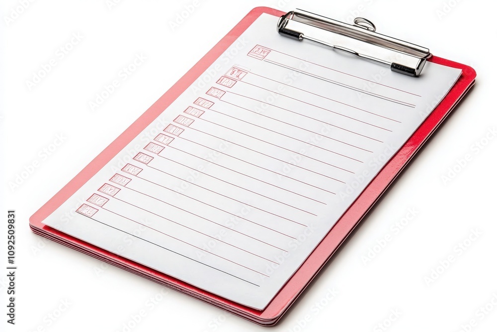 A red clipboard holds a clean white checklist with empty boxes for marking tasks. This tool is useful for planning and managing activities in various settings.