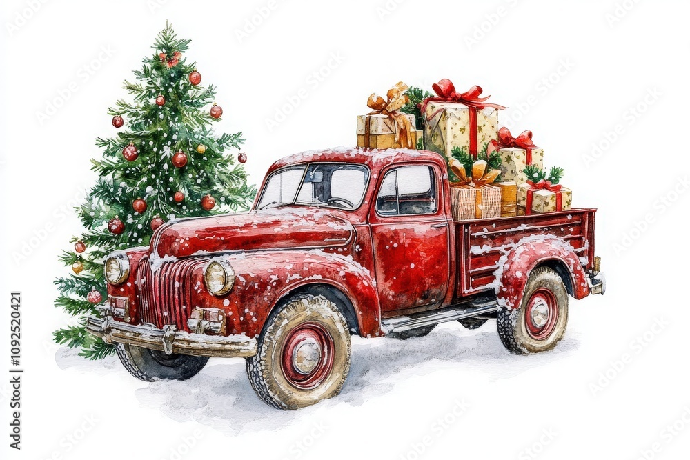 A red vintage truck is loaded with colorful wrapped gifts and sits next to a decorated Christmas tree. The snowy scene captures the joy of holiday celebrations, evoking a warm, nostalgic feeling.