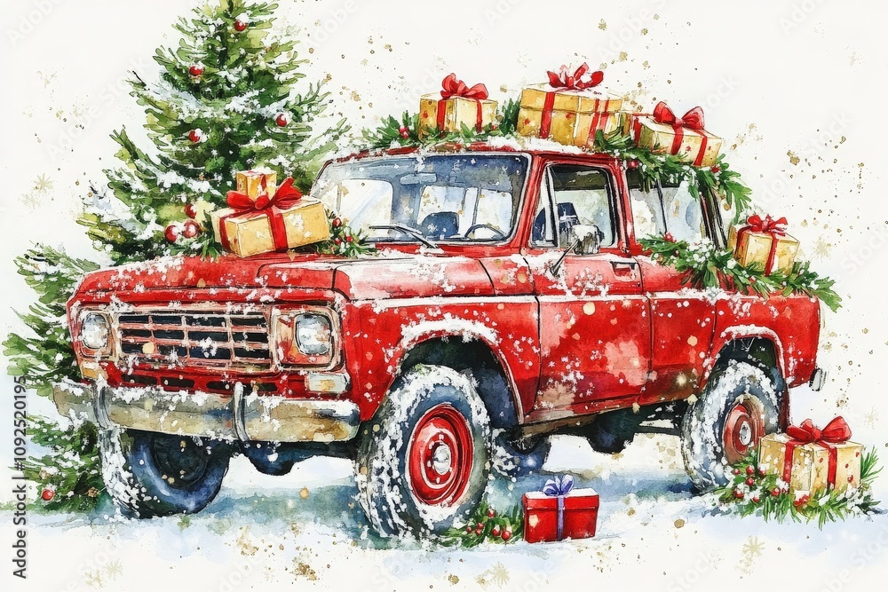 A red vintage truck sits covered in snow, adorned with Christmas decorations. Brightly wrapped gifts are piled on the roof and around the vehicle, while a green tree adds a festive touch.