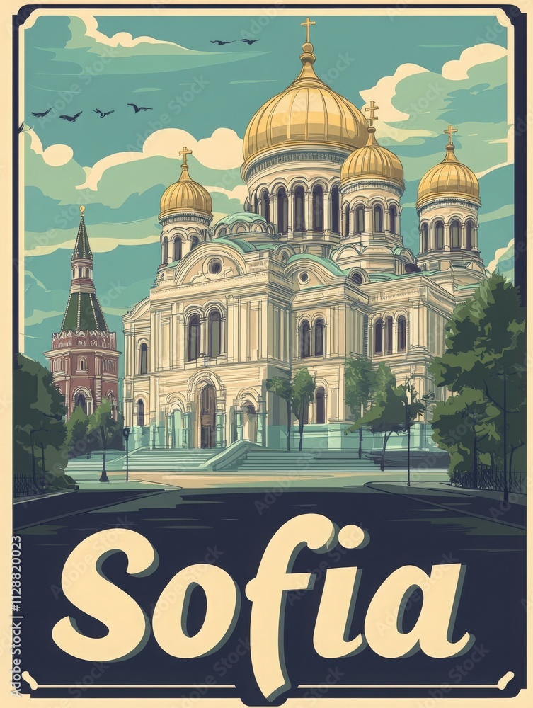 A remarkable view of Sofias beautiful cathedral showcases its striking golden domes and intricate details. Surrounding trees add to the charm of this iconic structure on a sunny day.