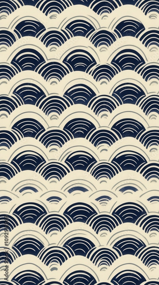 A repeating pattern of stylized waves in blue tones over a cream background creates an elegant and creative design. Ideal for fabric, wallpaper, or digital applications.
