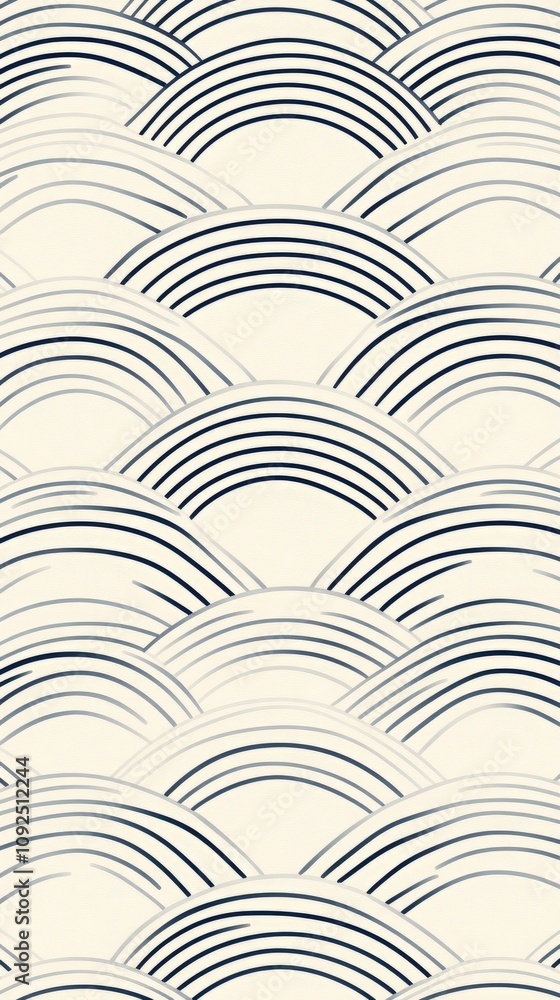A repeating wave pattern fills the space, featuring curved lines in dark blue on a light beige background. This design adds elegance and depth to home interiors or textiles.