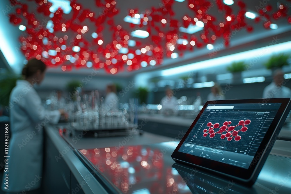 A research team works diligently in a high-tech laboratory, surrounded by an array of glass equipment. Bright red lighting creates a striking atmosphere as they analyze data on a tablet.