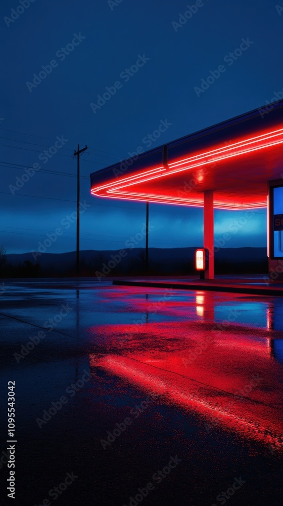 A retro gas station is illuminated by bright neon red lights, creating reflections on the wet pavement. The scene captures the serene atmosphere during twilight, with a dramatic sky in the background.