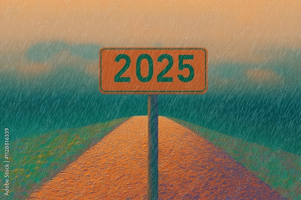 A road sign displaying the year 2025 stands on a pathway as rain falls. The road stretches into the distance, surrounded by muted colors, creating a reflective atmosphere.