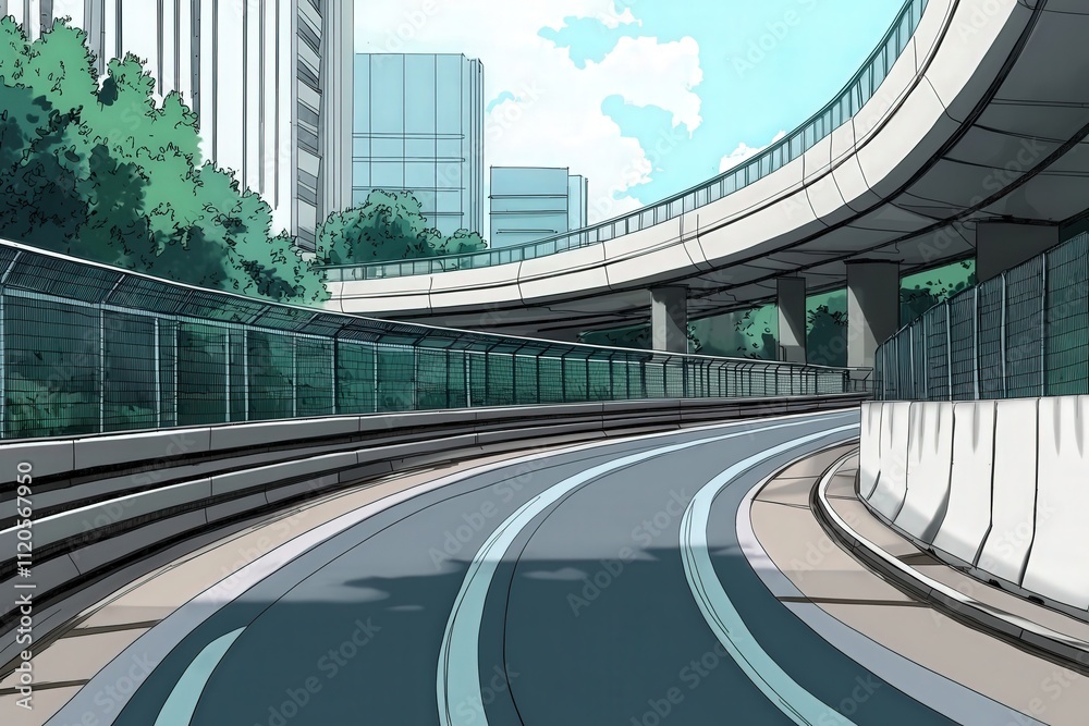 A road winds through a modern city, flanked by tall buildings and lush greenery. The sun shines brightly, casting shadows along the pavement.