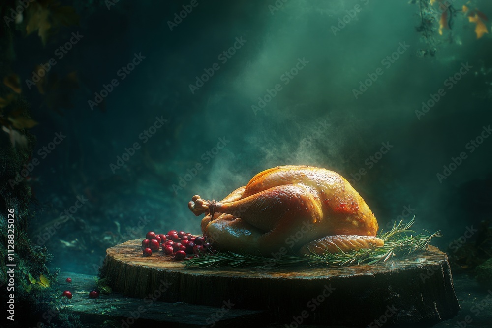 A roasted turkey sits on a wooden cutting board surrounded by fresh herbs and bright red cranberries. Soft mist and a dark forest background create a magical, inviting atmosphere.