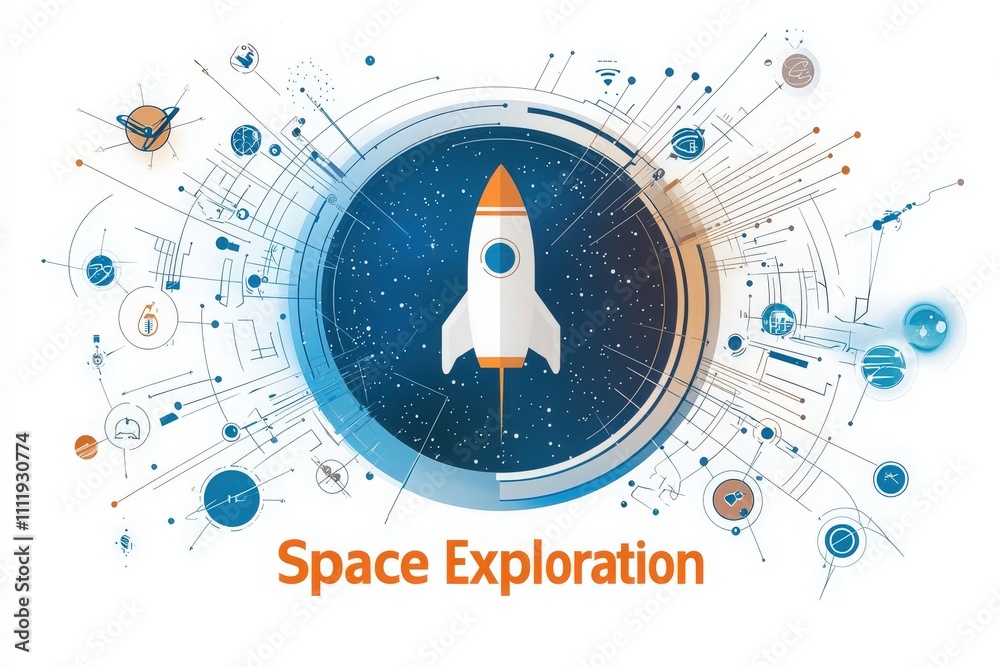 A rocket is depicted ascending against a vibrant background filled with various icons related to space exploration.