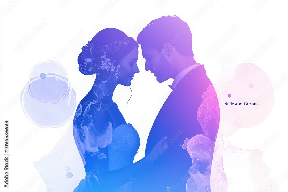 A romantic silhouette captures a bride and groom in an artistic style, showcasing their intimate connection. The vibrant colors create a dreamy atmosphere, perfect for celebrating love.