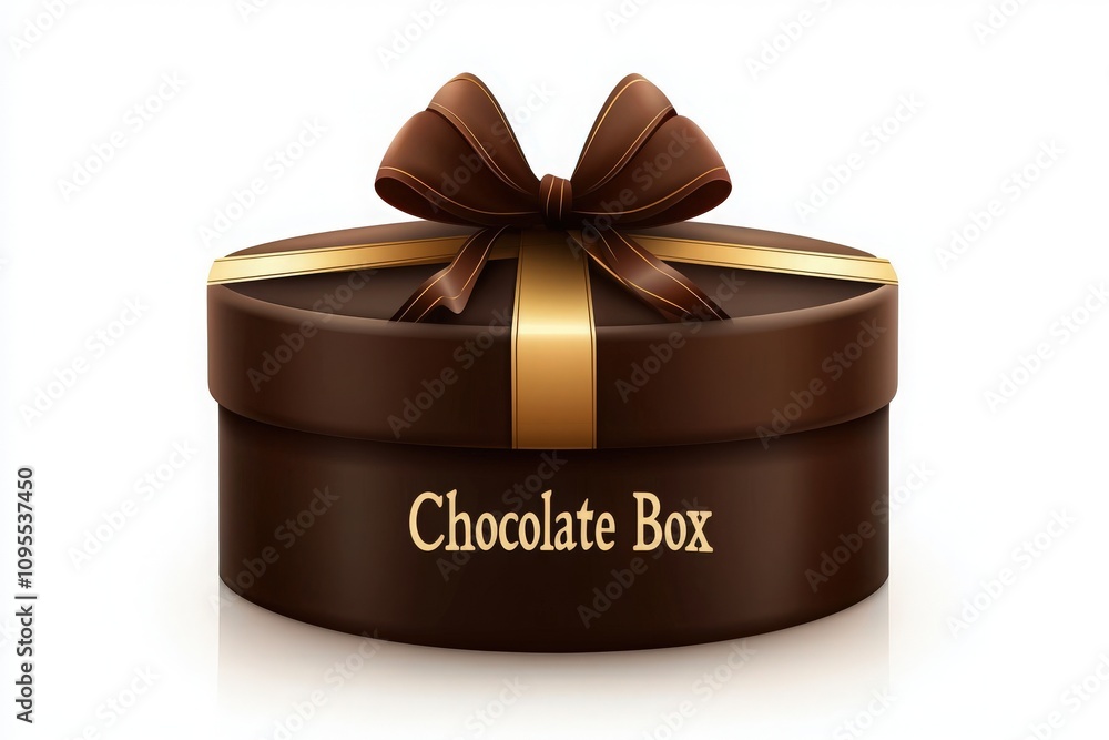 A round chocolate box features a rich brown color and a shiny gold ribbon tied in a perfect bow. This delightful treat is perfect for birthdays, anniversaries, or holiday celebrations.