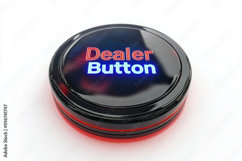 A round dealer button sits on a smooth surface, featuring bright lettering that reads Dealer Button in contrasting colors, illuminated around the edges for easy visibility during games.