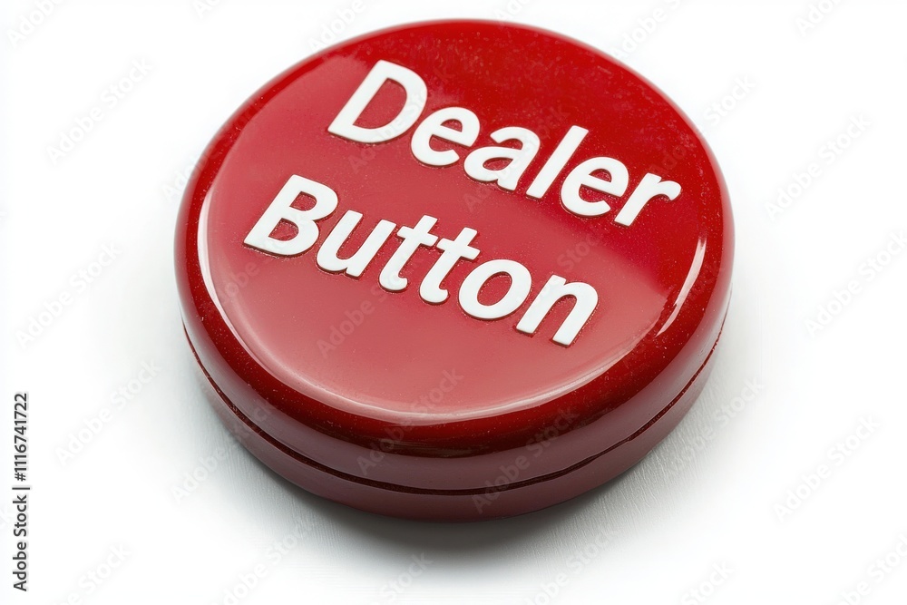 A round red button featuring the words Dealer Button prominently displayed. This object is commonly used in card games to indicate the dealer position at casino tables, enhancing gameplay.