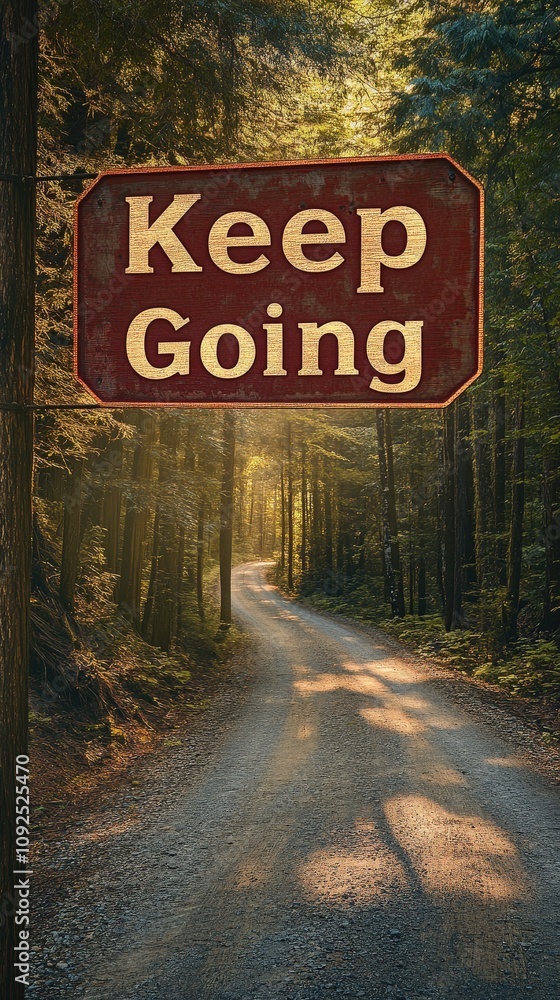 A rustic Keep Going sign stands prominently along a gravel path in a serene forest. Sunlight filters through the trees, creating a peaceful atmosphere that encourages exploration.