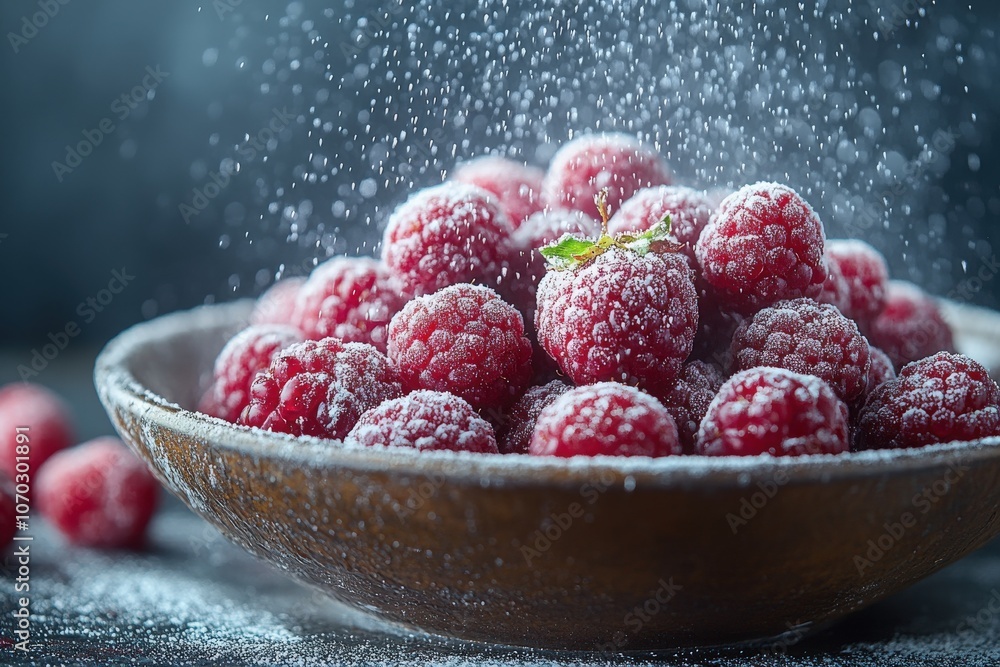 A rustic bowl overflows with fresh raspberries, gently dusted with powdered sugar for a sweet touch. Soft, natural light enhances the vibrant colors of the berries and adds charm.
