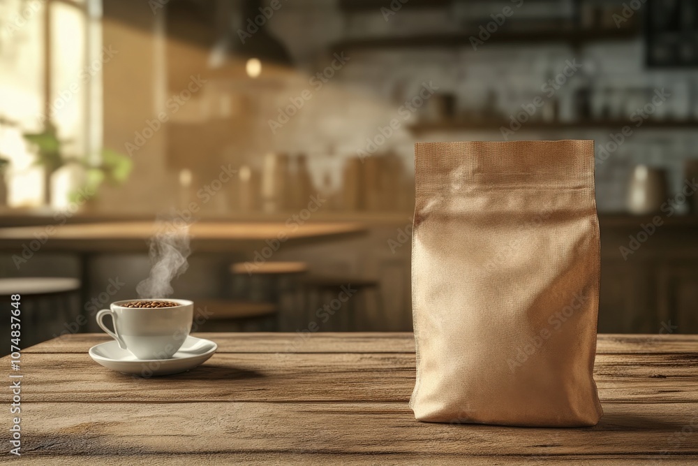 A rustic coffee bag mockup stands prominently on a wooden table next to a steaming cup of coffee. The cafes warm ambiance enhances the inviting atmosphere.