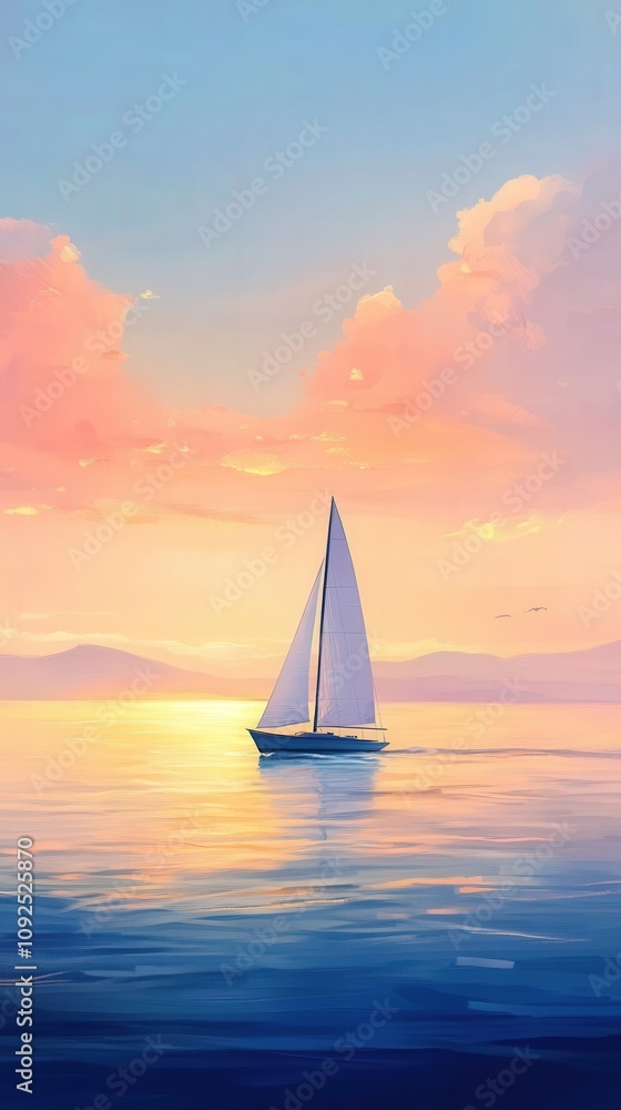 A sailboat gently navigates tranquil waters during a breathtaking sunset. The sky features soft pink and orange hues, reflecting beautifully on the waters surface.