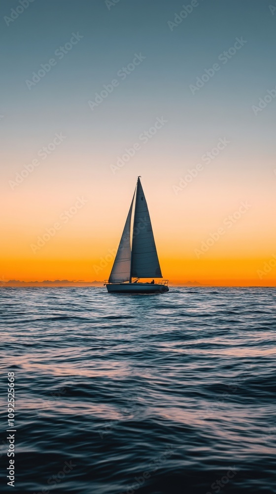 A sailboat glides smoothly across tranquil waters, silhouetted against a vibrant sunset. The sky transitions from orange to deep blue, reflecting a peaceful evening atmosphere.