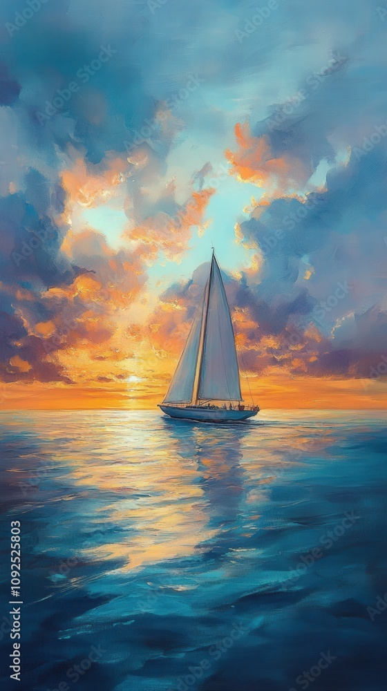 A sailboat glides smoothly over tranquil waters during sunset. The sky is alive with colorful clouds, casting warm hues on the oceans surface. The scene evokes a sense of peaceful solitude.