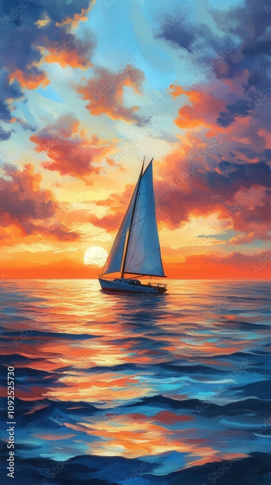 A sailboat gracefully moves across calm waters as the sun sets, casting brilliant shades of orange, pink, and purple in the sky, creating a serene and picturesque atmosphere.