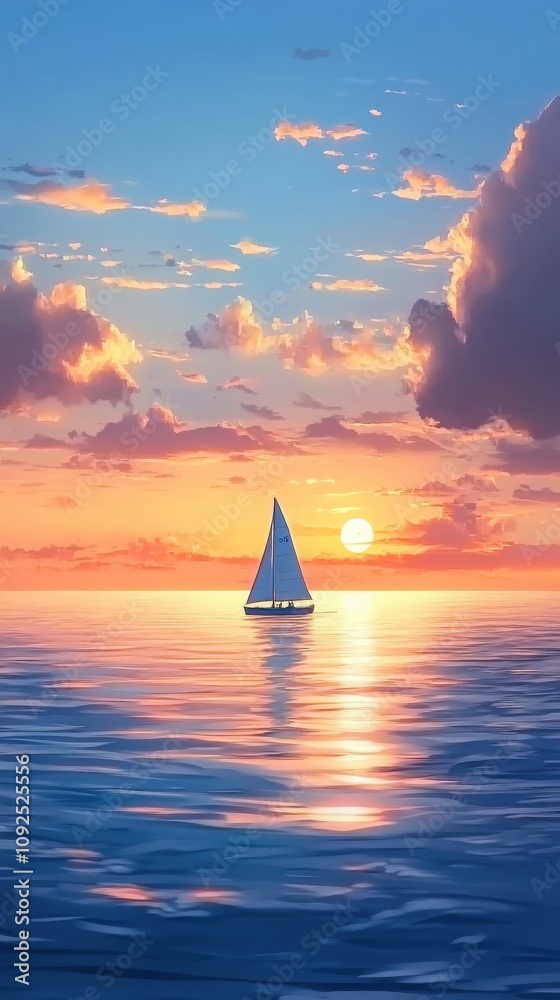 A sailboat moves smoothly across calm ocean waters as the sun sets on the horizon. The sky is illuminated with hues of orange, pink, and purple, creating a serene atmosphere.