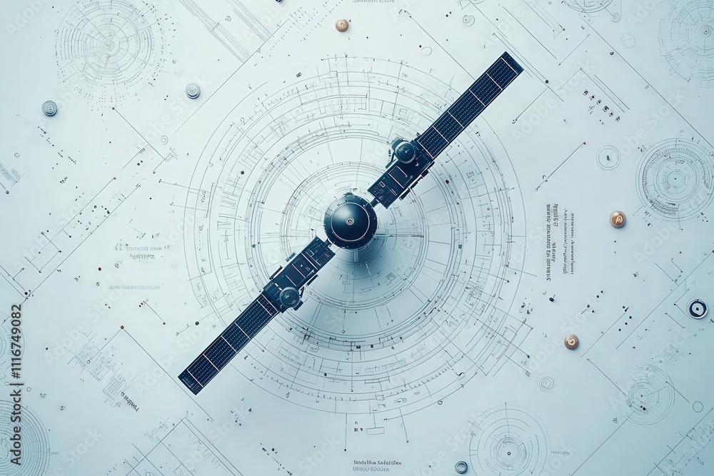 A satellite model is displayed against a backdrop of intricate schematics and technical diagrams, showcasing engineering details and components in a stark, modern design.
