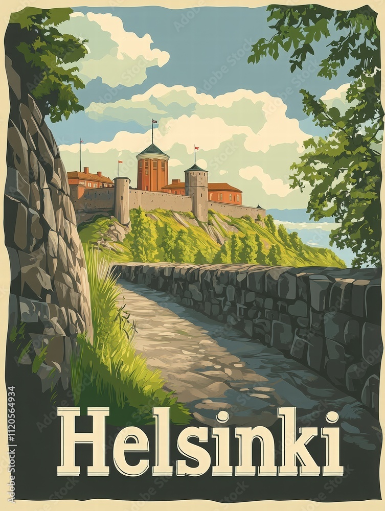 A scenic pathway leads to a historic fortress atop a hill in Helsinki, surrounded by lush greenery and a clear sky. The architecture reflects the citys rich history and charm.