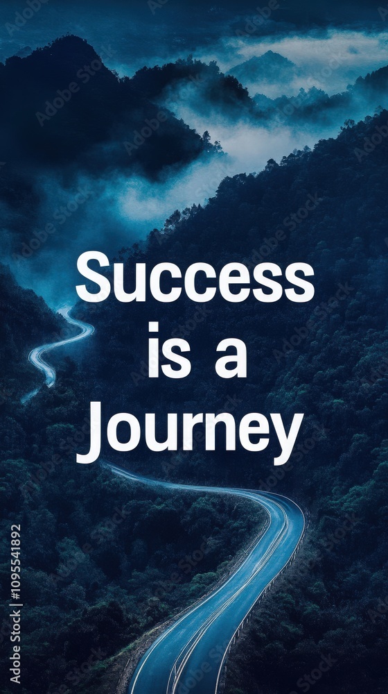 A scenic view features a winding road cutting through dense forests and misty mountains, symbolizing the journey towards achieving success and personal growth.