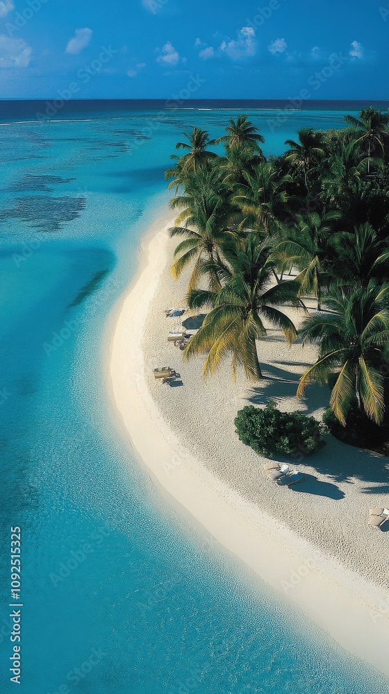 A scenic view of a secluded tropical beach features soft white sand, vibrant palm trees, and tranquil blue waters under a clear sky. Sun loungers invite relaxation along the shore.