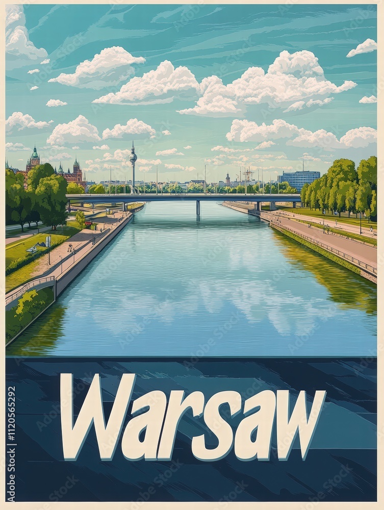 A scenic view of the Vistula River reflecting the vibrant blue sky and fluffy clouds. The Warsaw skyline displays modern architecture alongside historical buildings, creating a beautiful contrast.