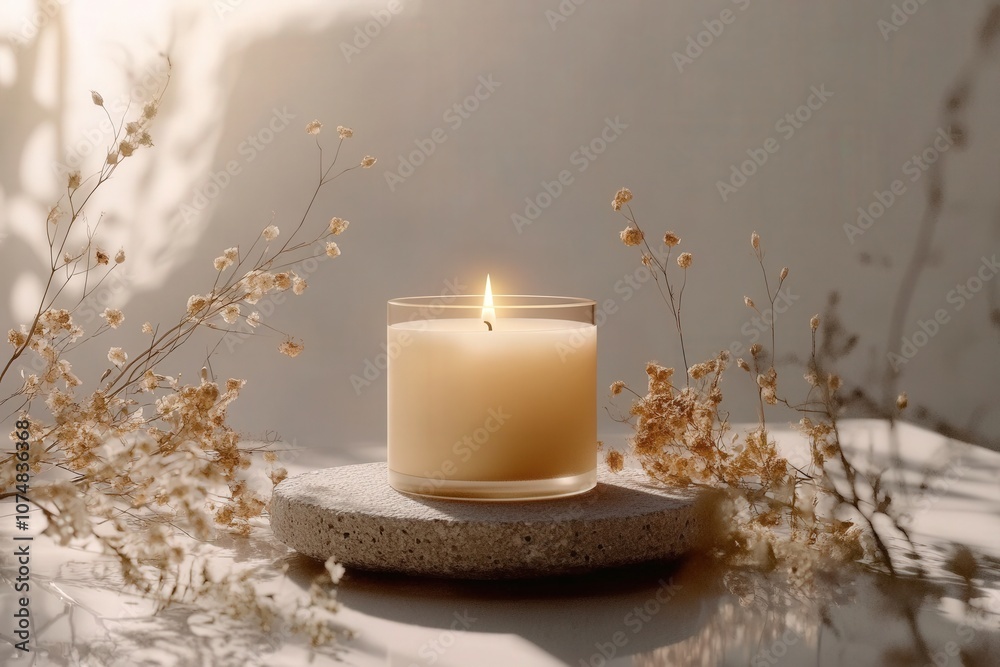 A scented candle in a clear jar sits on a textured surface surrounded by dried flowers. The warm light highlights the serene atmosphere, creating a cozy ambiance perfect for relaxation.