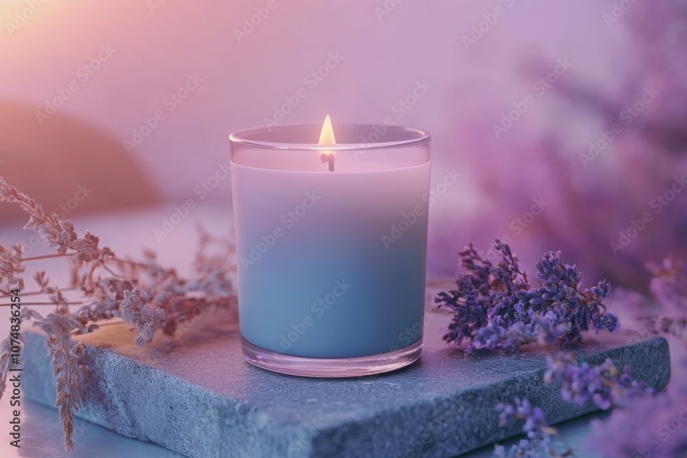 A scented candle sits elegantly in a clear jar on a rough stone slab, surrounded by delicate dried flowers. The candles flame flickers softly, adding warmth to the tranquil atmosphere.