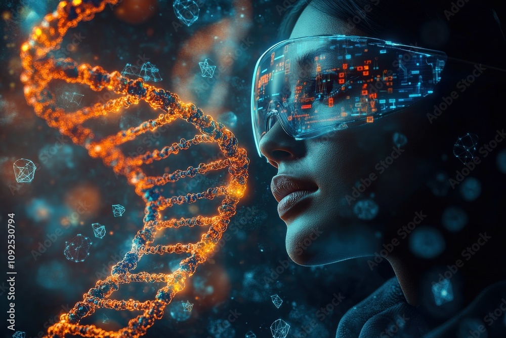A scientist looks intently at a holographic DNA strand while wearing augmented reality glasses. The lab is illuminated with glowing molecules and data, showcasing innovative technology.