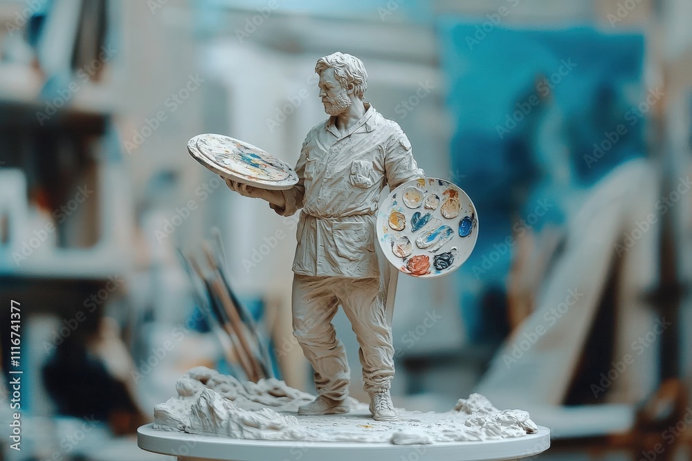 A sculptor stands confidently in a vibrant studio, holding two colorful paint palettes. The workspace is filled with art supplies, demonstrating a lively atmosphere of creativity and inspiration.