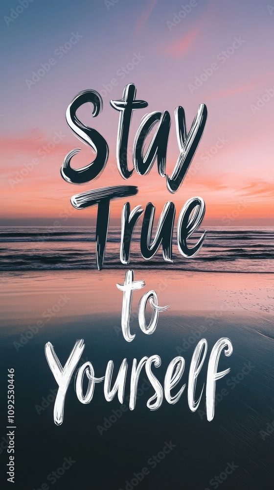 A serene beach at sunset features a motivational message that encourages individuals to stay true to themselves. The calm waves reflect the beautiful colors of the sky.