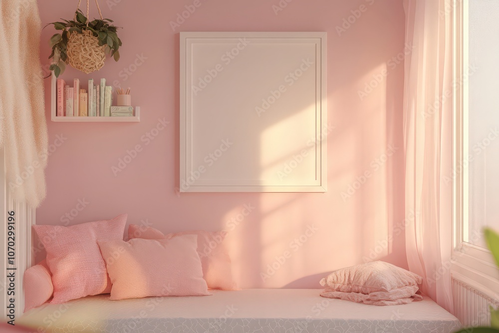 A serene corner features an empty square white frame mounted on a soft pink wall. Sunlight pours in, enhancing the cozy atmosphere with cushions and a shelf of books.