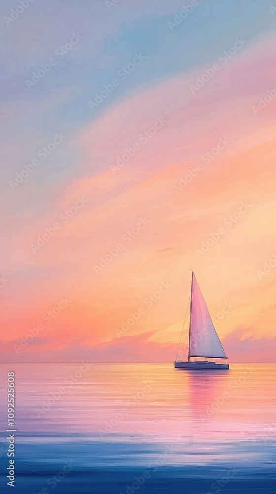 A serene evening unfolds as a single sailboat glides across smooth waters. The sky is painted with soft pink and orange hues as the sun sets, creating a peaceful atmosphere.